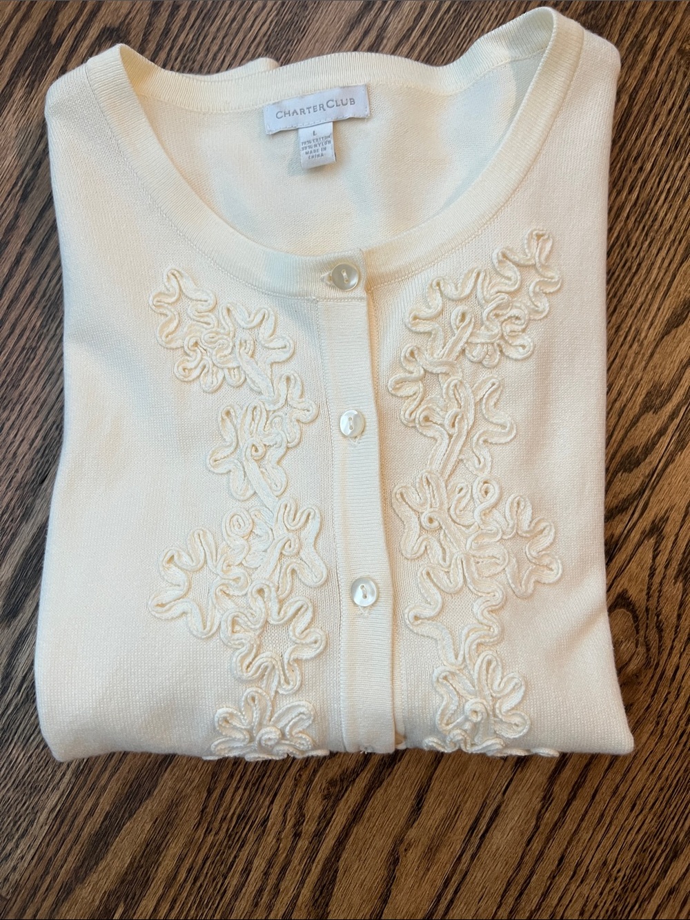 Charter Club Cream Embroidered Button-Front Cardigan